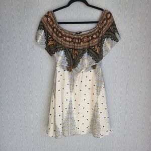CALS L Dress Ruffled Mini Paisley Feathers Swing Bohemian White Blue Fairy